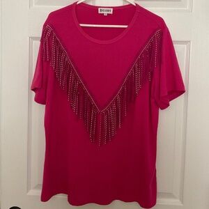 TASSEL TRIM LADIES SHORT SLEEVE BLOUSE. PRETTY PINK, SIZE XL.  LIKE NEW!